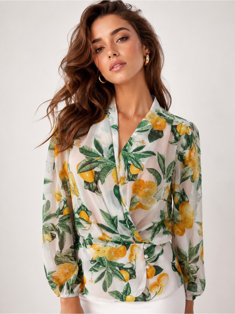 Eva Mendez for New York & Company Chiffon White Sheer Lemon-Print Wrap Blouse